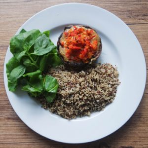 Stuffed-Mushroom-Topped-with-Special-White-Herb-Sauce-and-Spicy-Tomato-Salsa-with-quinoa-rice